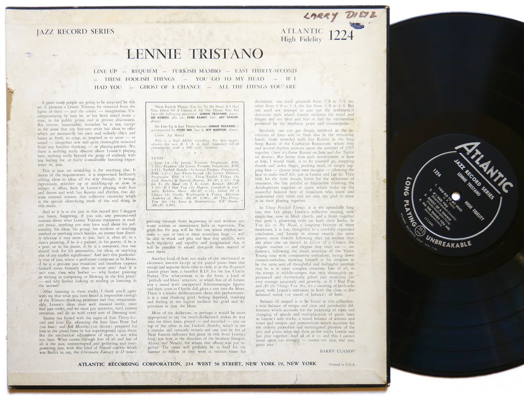 LENNIE TRISTANO Self Titled LP ATLANTIC 1224 US 1956 MONO Lee Konitz Art Taylor