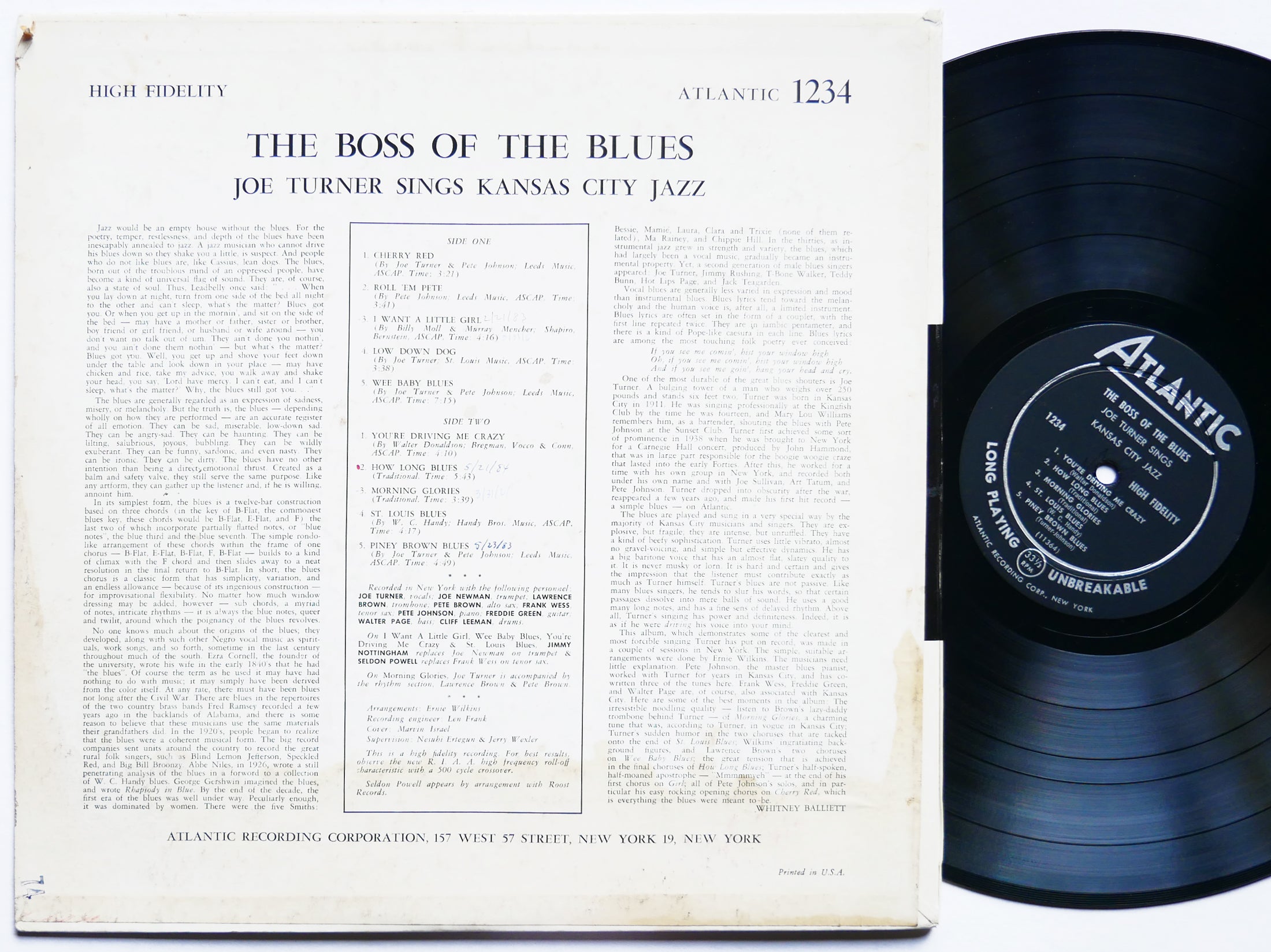 JOE TURNER The Boss Of The Blues Sings Kansas City Jazz LP ATLANTIC 1234 US 1956
