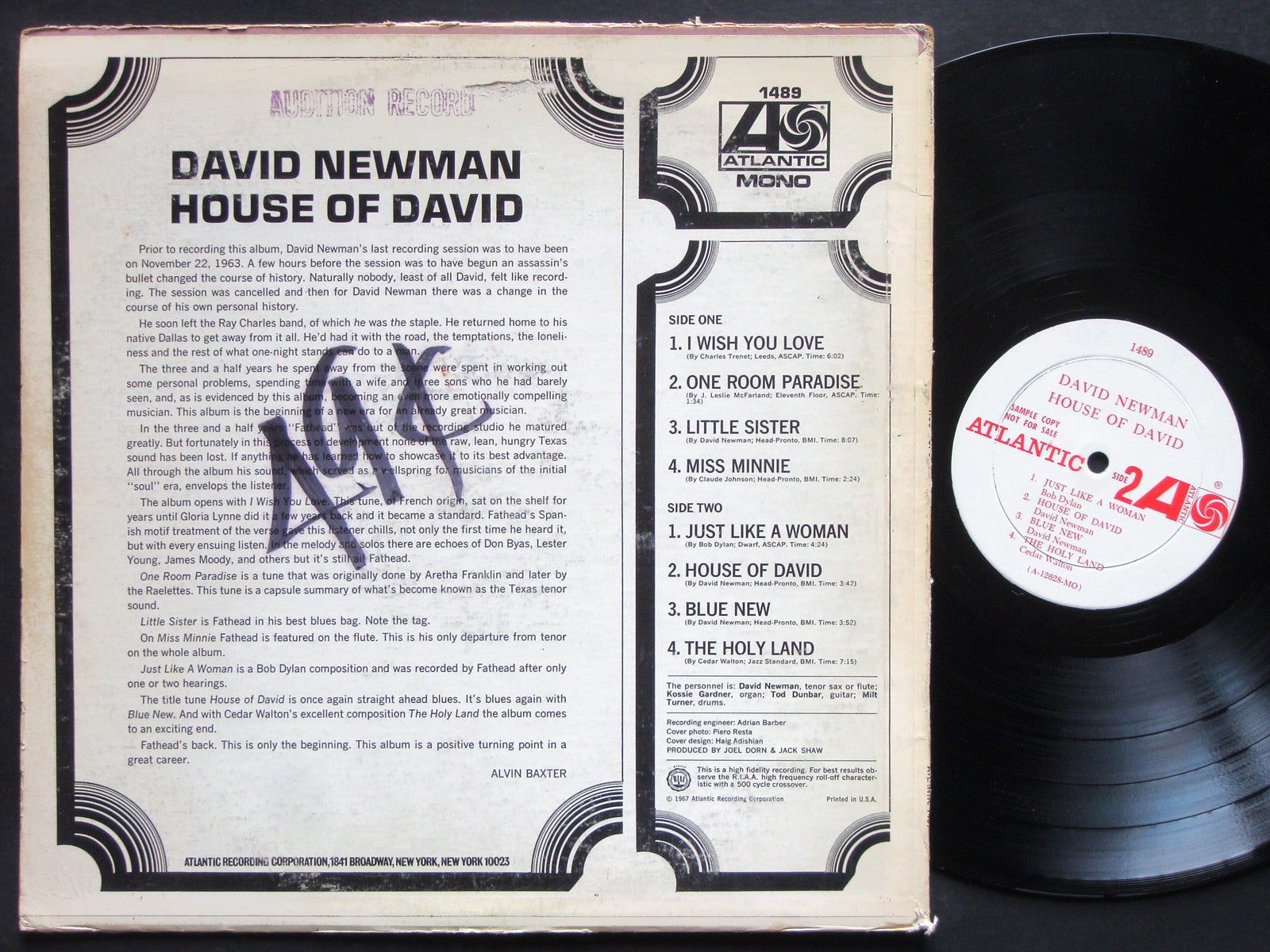 DAVID NEWMAN House Of David LP ATLANTIC 1489 US 1967 MONO PROMO JAZZ Milt Turner