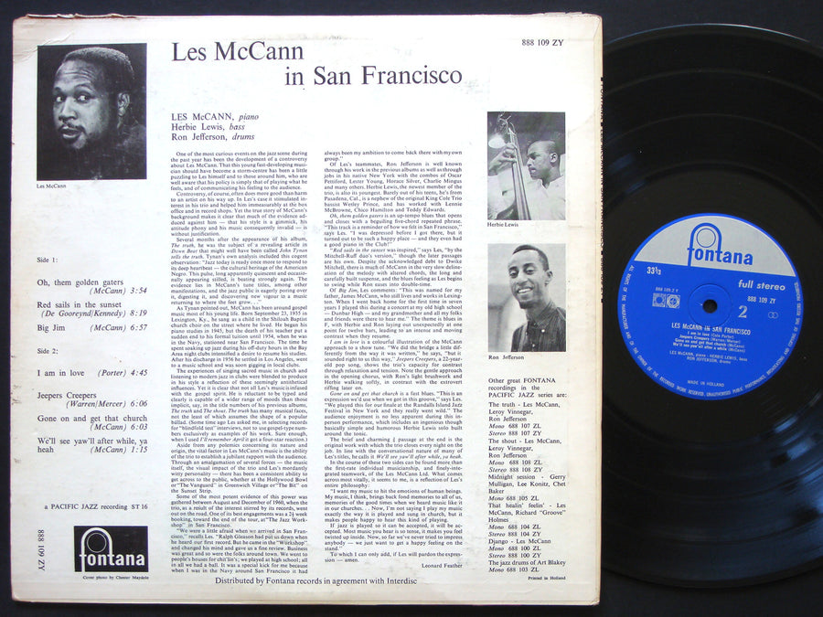 LES MCCANN In San Francisco LP FONTANA 688 109 ZL NETHERLANDS 1961 JAZZ