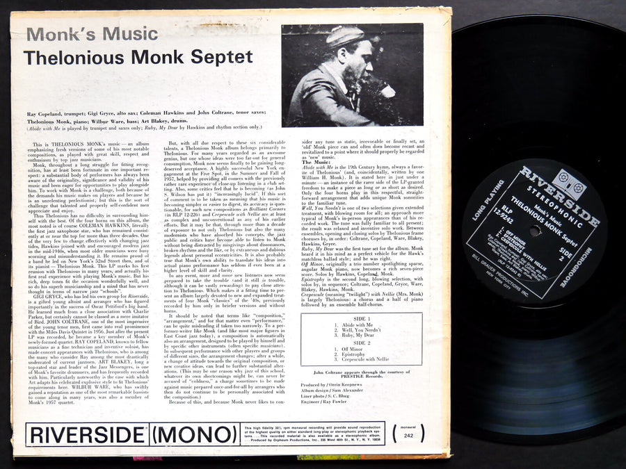 THELONIOUS MONK Monk's Music LP RIVERSIDE RLP 12-9242 John Coltrane Art Blakey