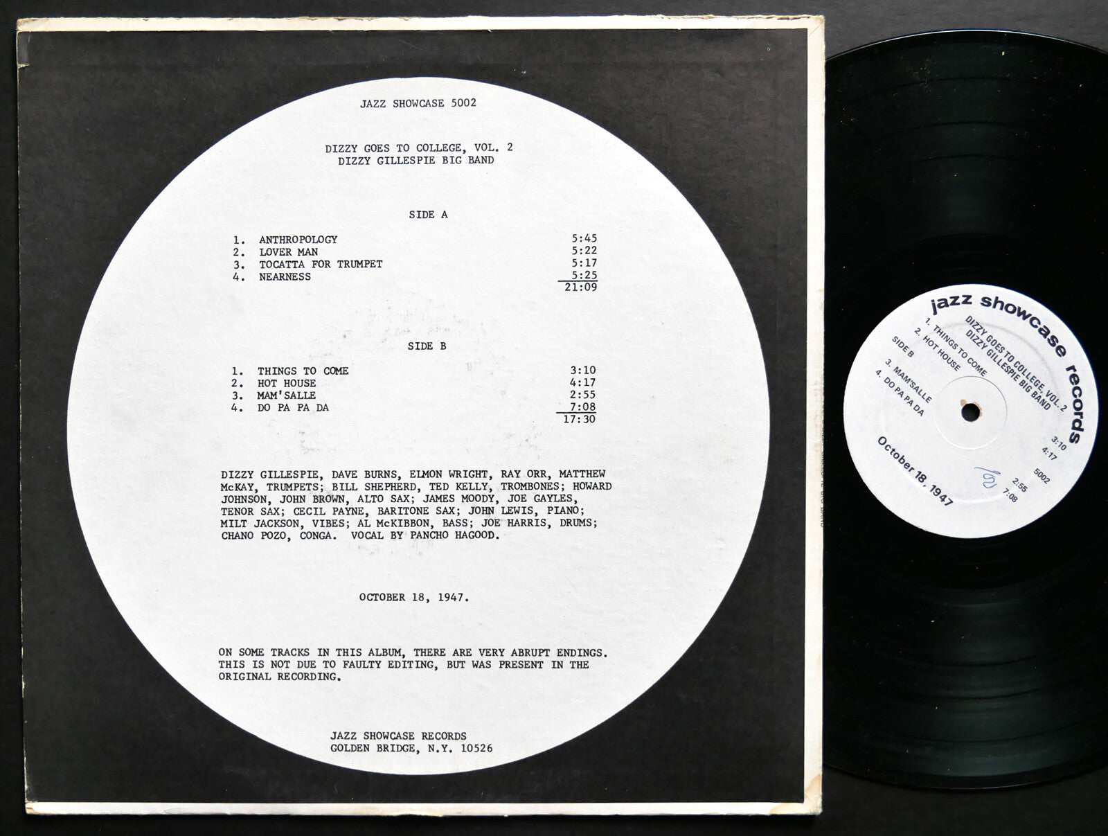 DIZZY GILLESPIE Goes To College Vol. 2 LP JAZZ SHOWCASE 5002 Milt Jackson