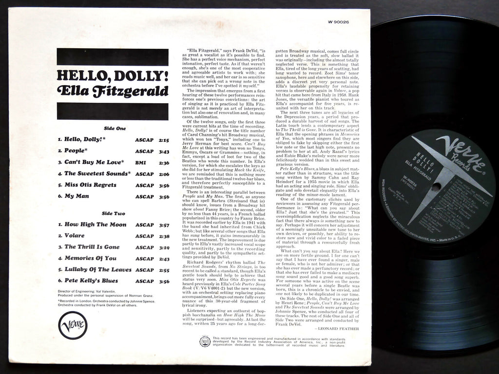 ELLA FITZGERALD Hello, Dolly! LP VERVE RECORDS W-9002 US 1964 DG MONO VOCAL JAZZ