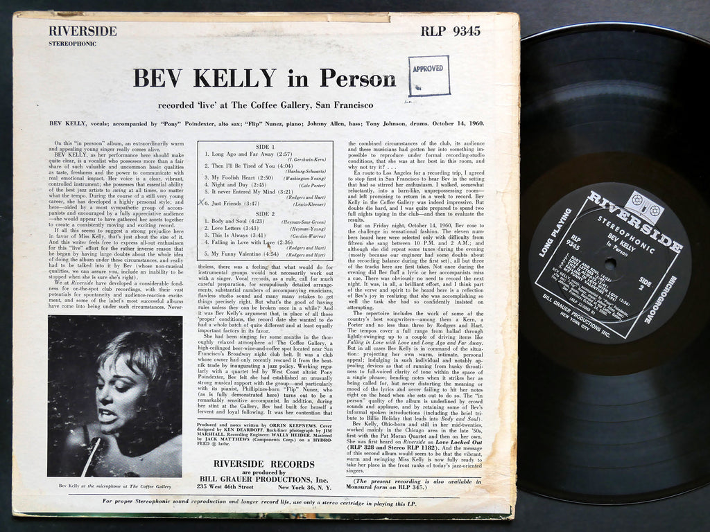 BEV KELLY In Person LP RIVERSIDE RECORDS RLP 9345 US 1960 DG ST VOCAL JAZZ