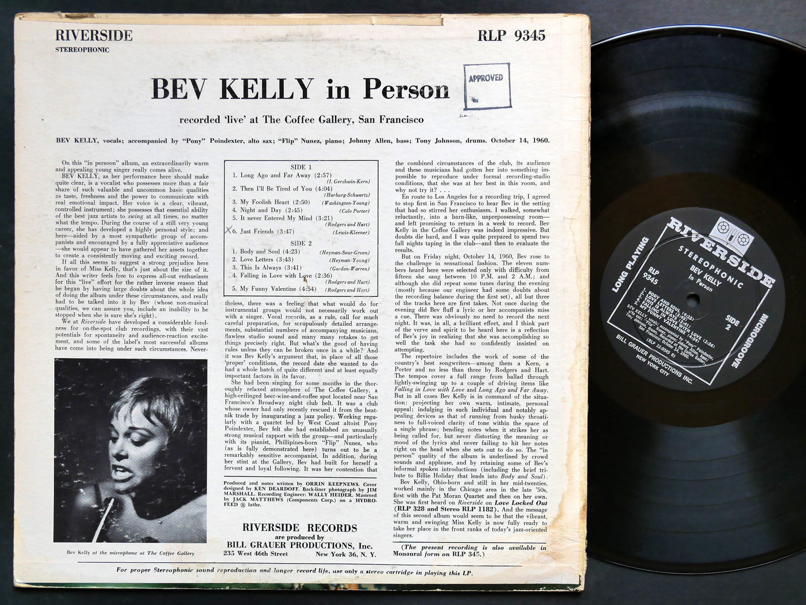 BEV KELLY In Person LP RIVERSIDE RECORDS RLP 9345 US 1960 DG ST VOCAL JAZZ