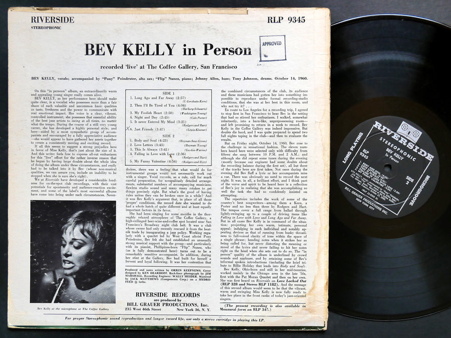 BEV KELLY In Person LP RIVERSIDE RECORDS RLP 9345 US 1960 DG ST VOCAL JAZZ