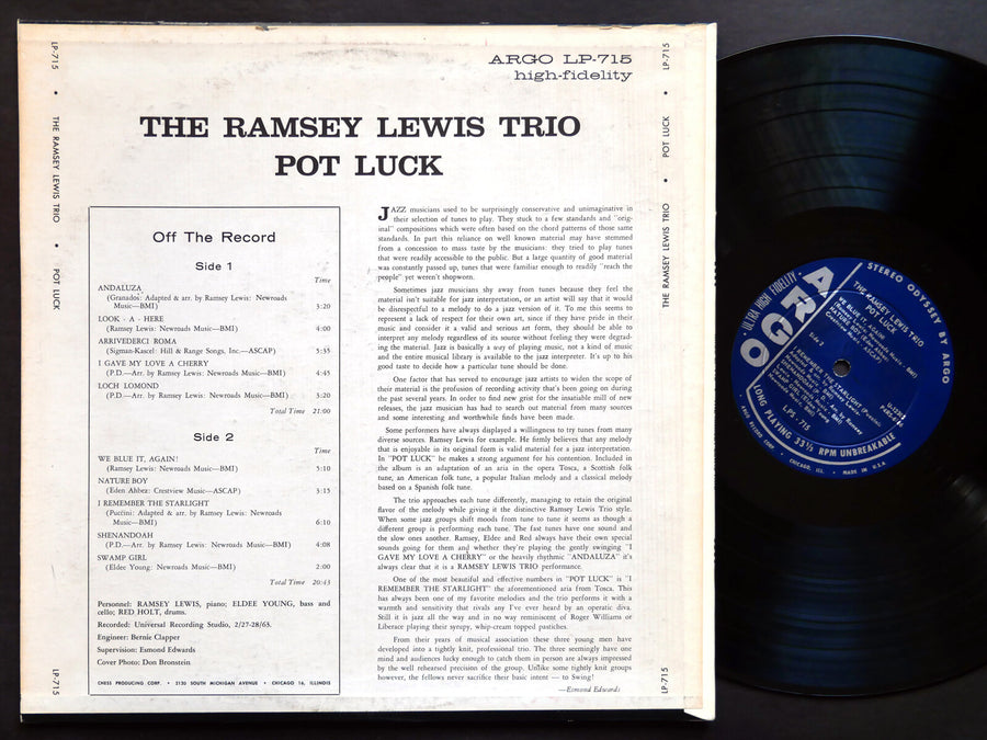 RAMSEY LEWIS TRIO Pot Luck LP ARGO LP 715 US 1963 STEREO JAZZ Soul Jazz Funk