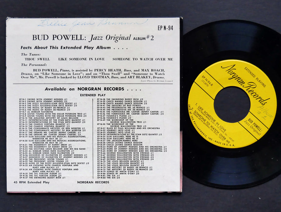 BUD POWELL Jazz Original Album Vol. 2 NORGRAN EP N-94 Max Roach Percy Heath 45