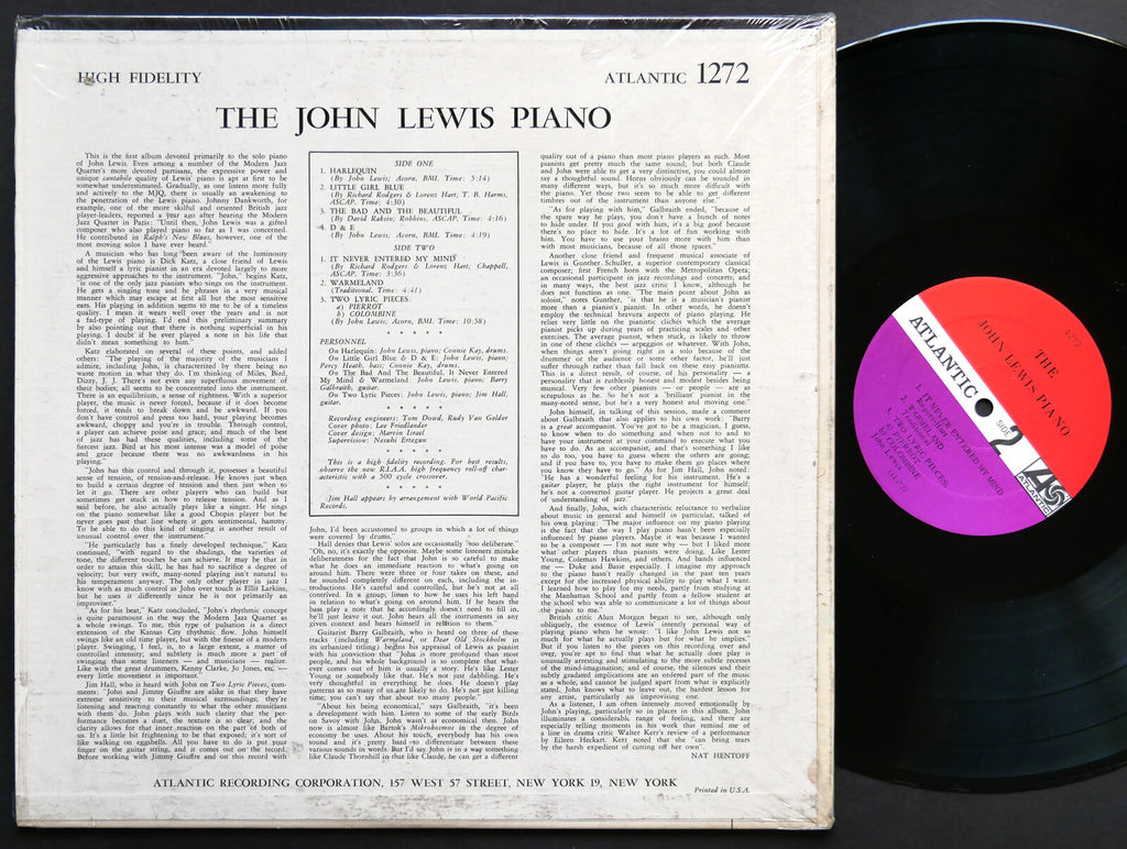 JOHN LEWIS Piano LP ATLANTIC 1272 MONO US 1962 Percy Heath Connie Kay Jim Hall