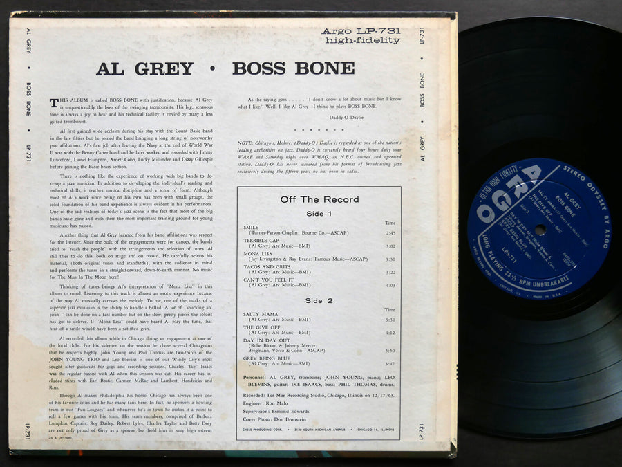 AL GREY Boss Bone LP ARGO LPS-731 US 1964 DG John Young Leo Blevins Ike Isaacs