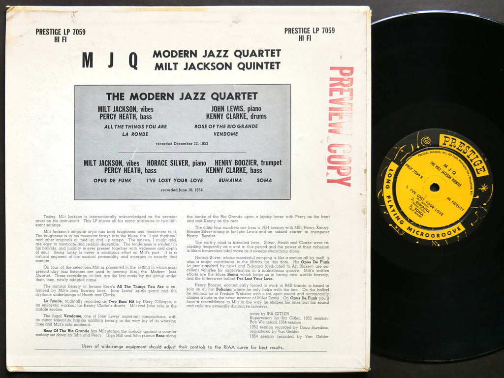 MODERN JAZZ MILT JACKSON QUINTET M J Q LP PRESTIGE PRLP 7059 US 1958 NJ RVG MONO