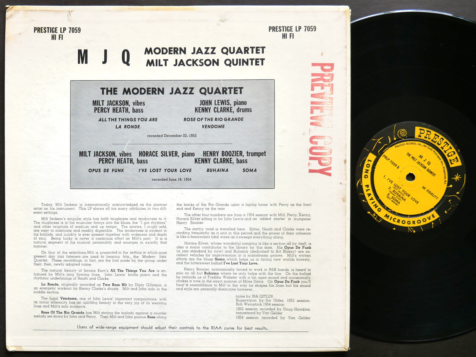 MODERN JAZZ MILT JACKSON QUINTET M J Q LP PRESTIGE PRLP 7059 US 1958 NJ RVG MONO