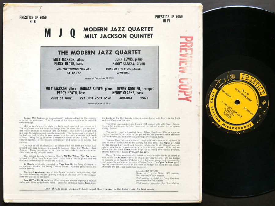 MODERN JAZZ MILT JACKSON QUINTET M J Q LP PRESTIGE PRLP 7059 US 1958 NJ RVG MONO