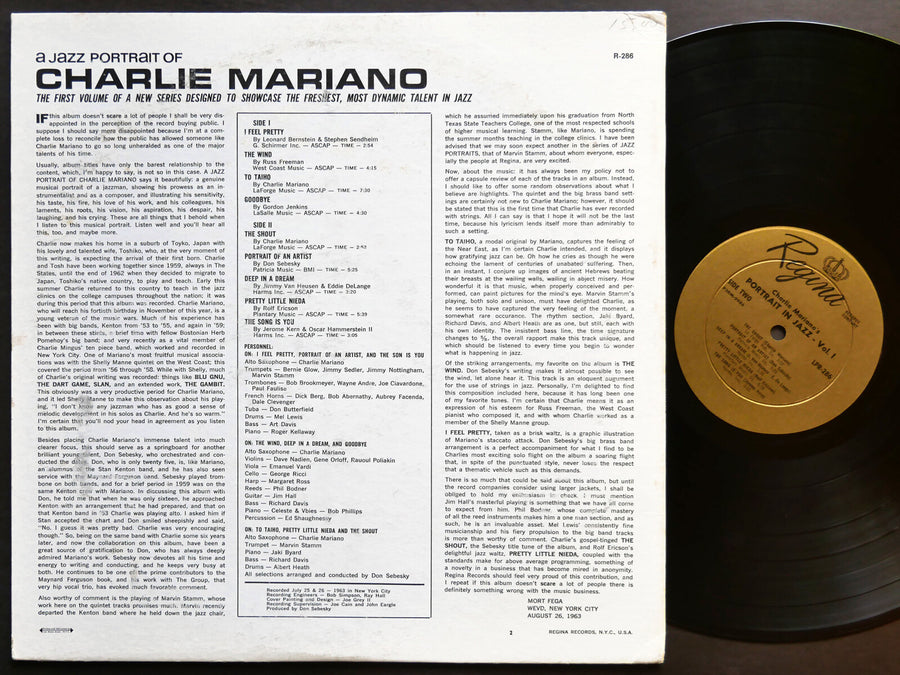 CHARLIE MARIANO A Jazz Portrait Of.. LP REGINA COMPANY LPR-286 US 1963 DG MONO