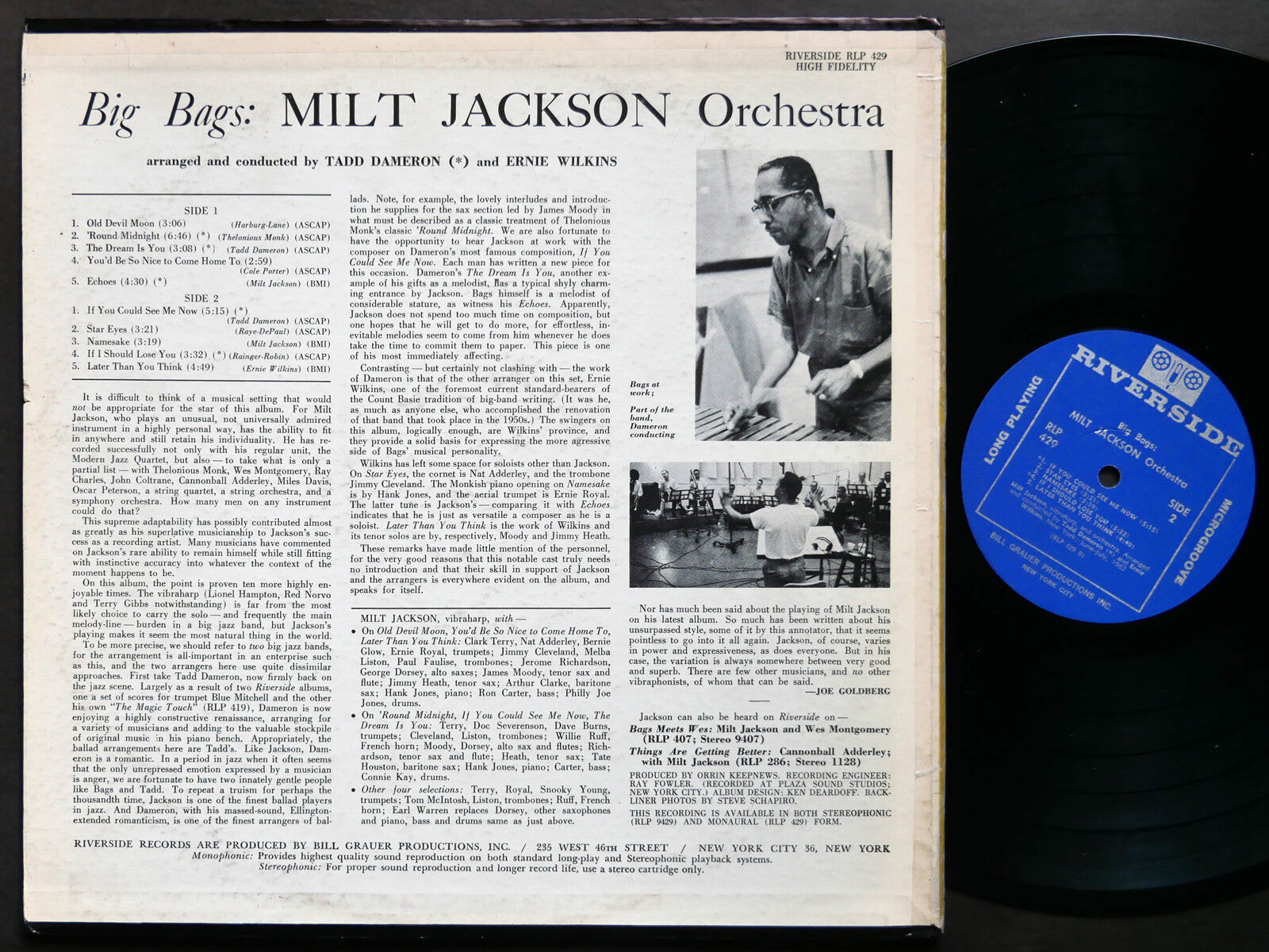 MILT JACKSON Orchestra Big Bags LP RIVERSIDE RLP 429 US 1962 MONO Hank Jones