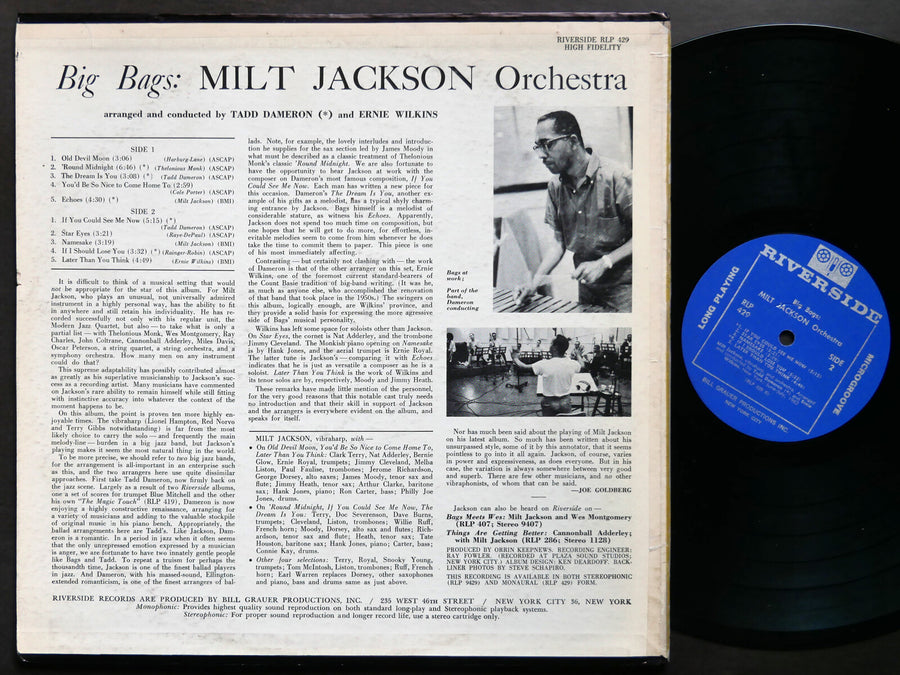 MILT JACKSON Orchestra Big Bags LP RIVERSIDE RLP 429 US 1962 MONO Hank Jones