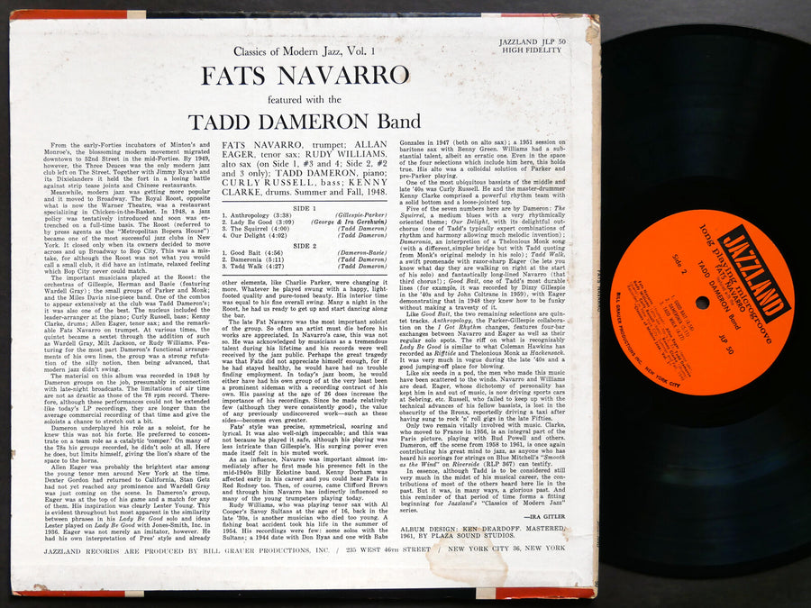 FATS NAVARRO With TADD DAMERON Quintet LP JAZZLAND JLP 50 US 1961 JAZZ MONO VG+