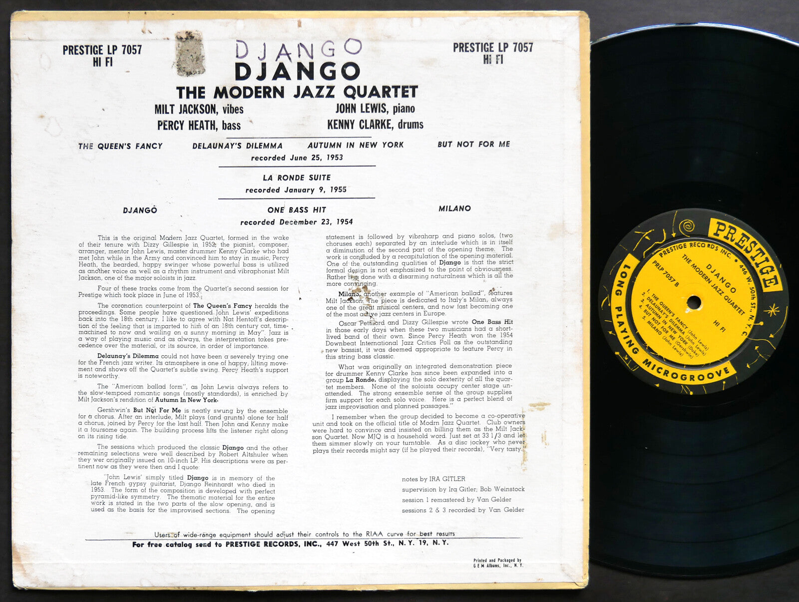 MODERN JAZZ QUARTET Django LP PRESTIGE PRLP 7057 DG MONO W. 50th Milt Jackson