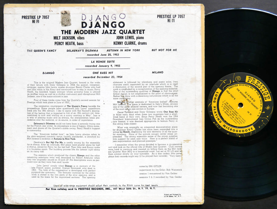 MODERN JAZZ QUARTET Django LP PRESTIGE PRLP 7057 DG MONO W. 50th Milt Jackson