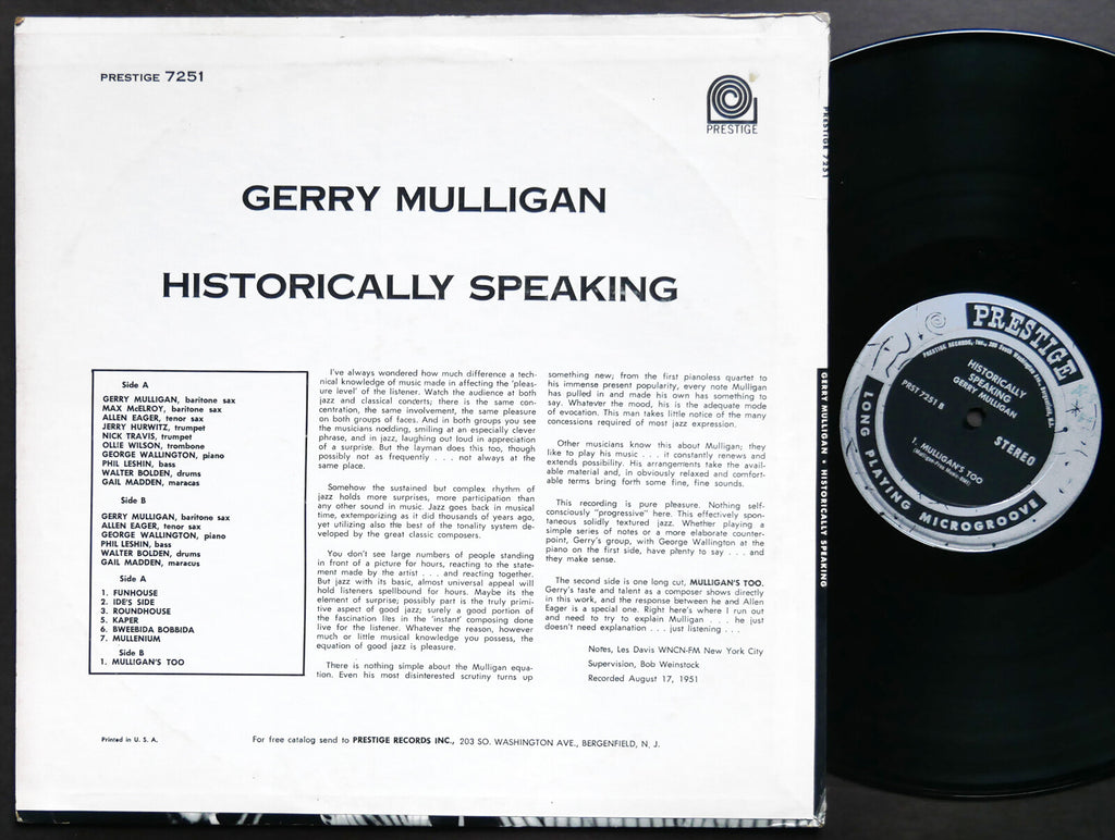 GERRY MULLIGAN Historically Speaking LP PRESTIGE PRST 7251 US 1962 NJ ST VG+