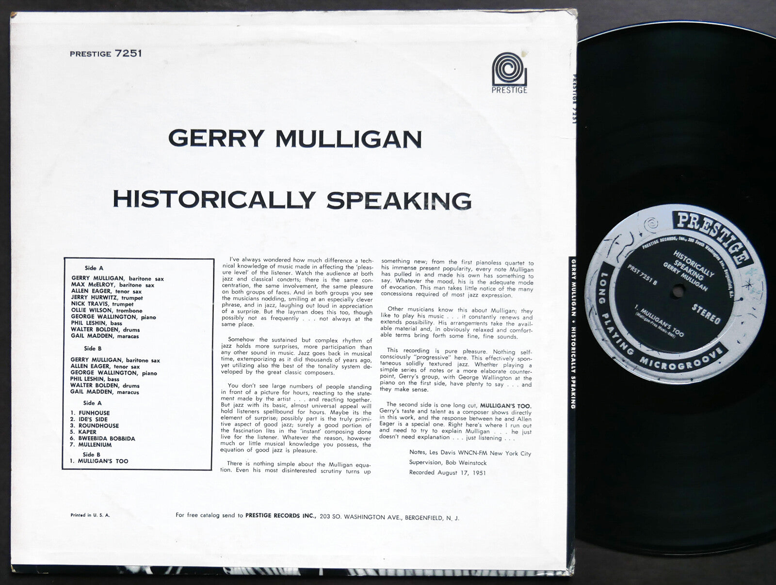 GERRY MULLIGAN Historically Speaking LP PRESTIGE PRST 7251 US 1962 NJ ST VG+