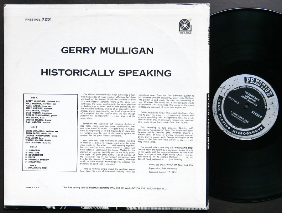 GERRY MULLIGAN Historically Speaking LP PRESTIGE PRST 7251 US 1962 NJ ST VG+