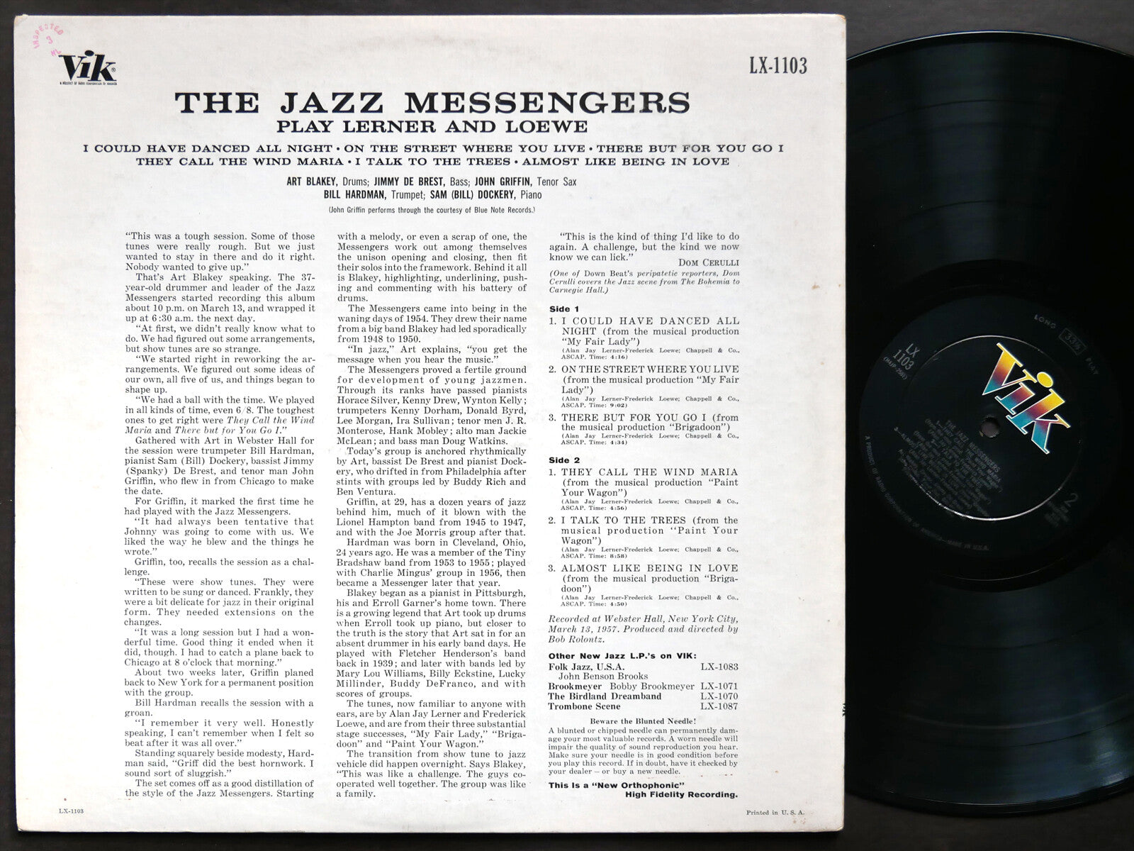 ART BLAKEY Jazz Messengers Selections From Lerner And Loewe's VIK LX 1103 MONO