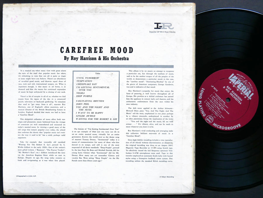 ROY HARRIS & His Orchestra Carefree Mood LP IMPERIAL LP 9016 US 1956 DG MONO VG+