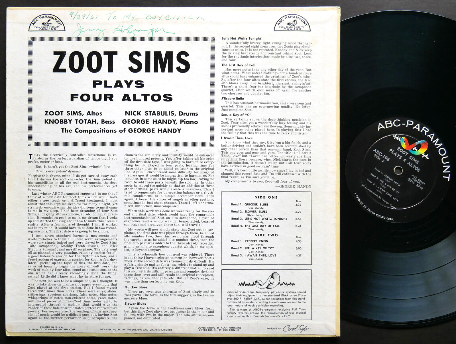 ZOOT SIMS Plays Four Altos LP ABC-PARAMOUNT ABC 198 US 1957 JAZZ DG MONO
