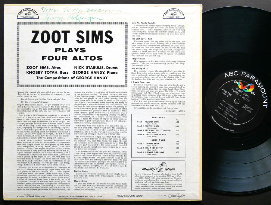 ZOOT SIMS Plays Four Altos LP ABC-PARAMOUNT ABC 198 US 1957 JAZZ DG MONO
