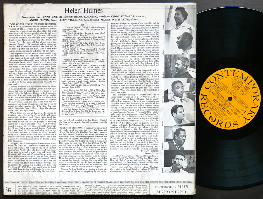 HELEN HUMES Self Titled LP CONTEMPORARY M 3571 US 1960 DG MONO Teddy Edwards
