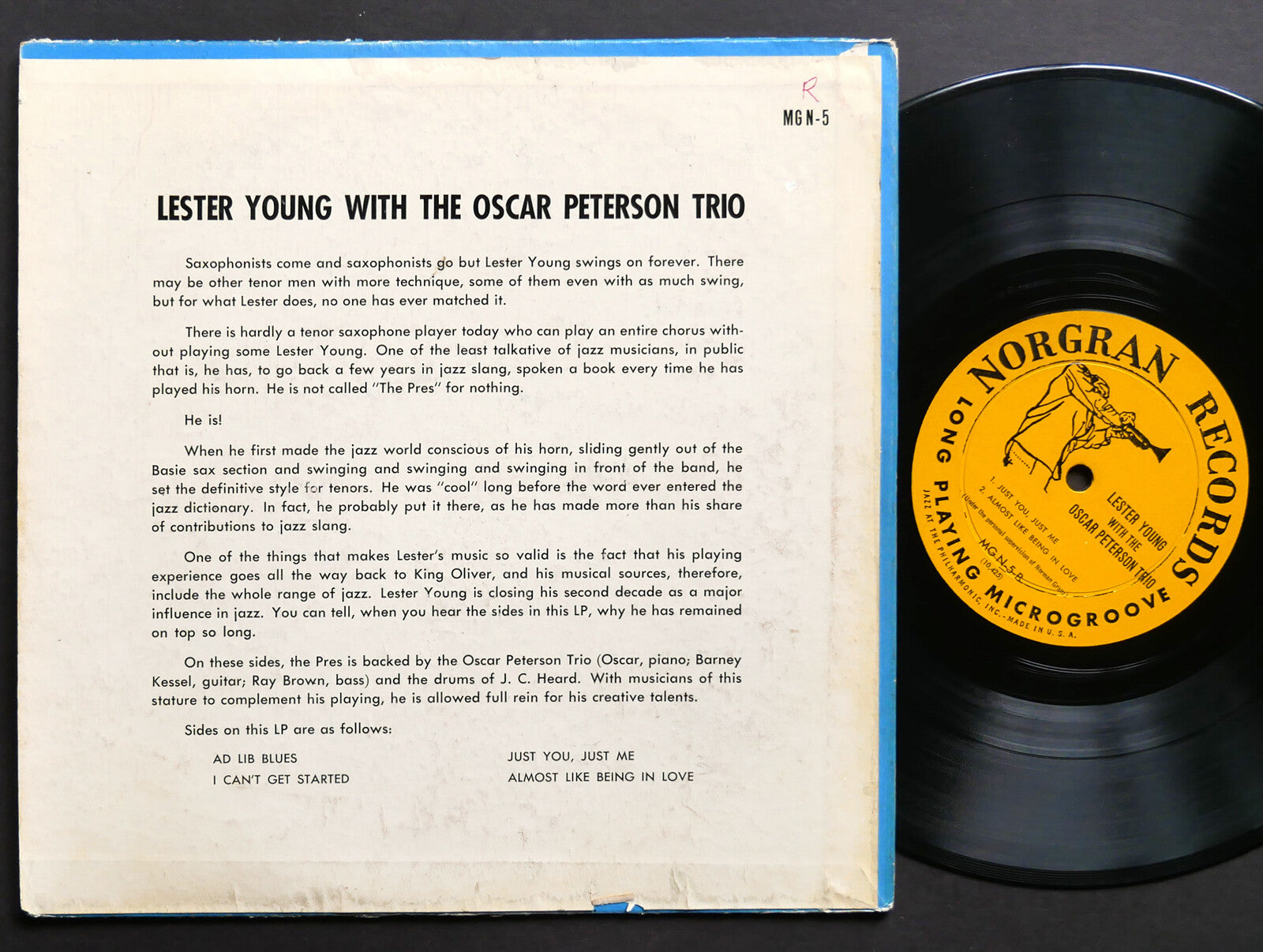 LESTER YOUNG With OSCAR PETERSON Trio #1 LP NORGRAN MG N-5 US 1954 DG MONO 10"