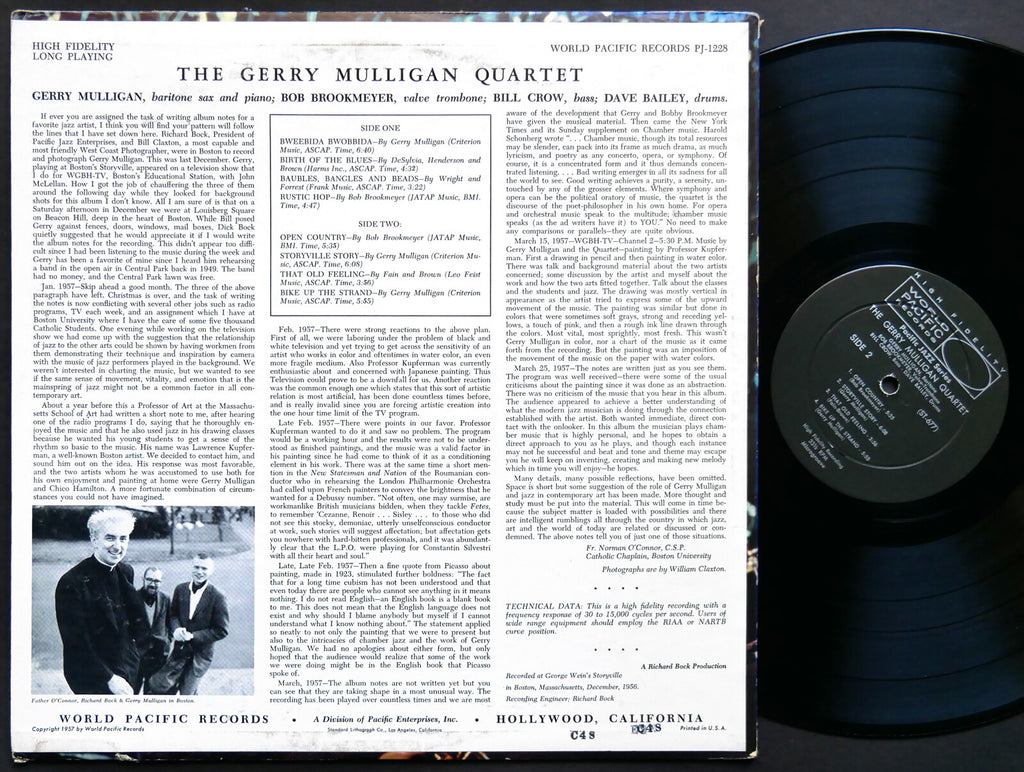 GERRY MULLIGAN Recorded In Boston At Storyville LP PACIFIC JAZZ PJ-1228 DG MONO