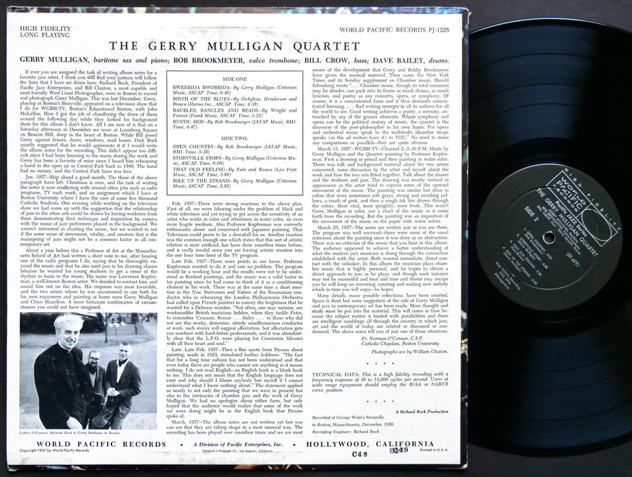 GERRY MULLIGAN Recorded In Boston At Storyville LP PACIFIC JAZZ PJ-1228 DG MONO