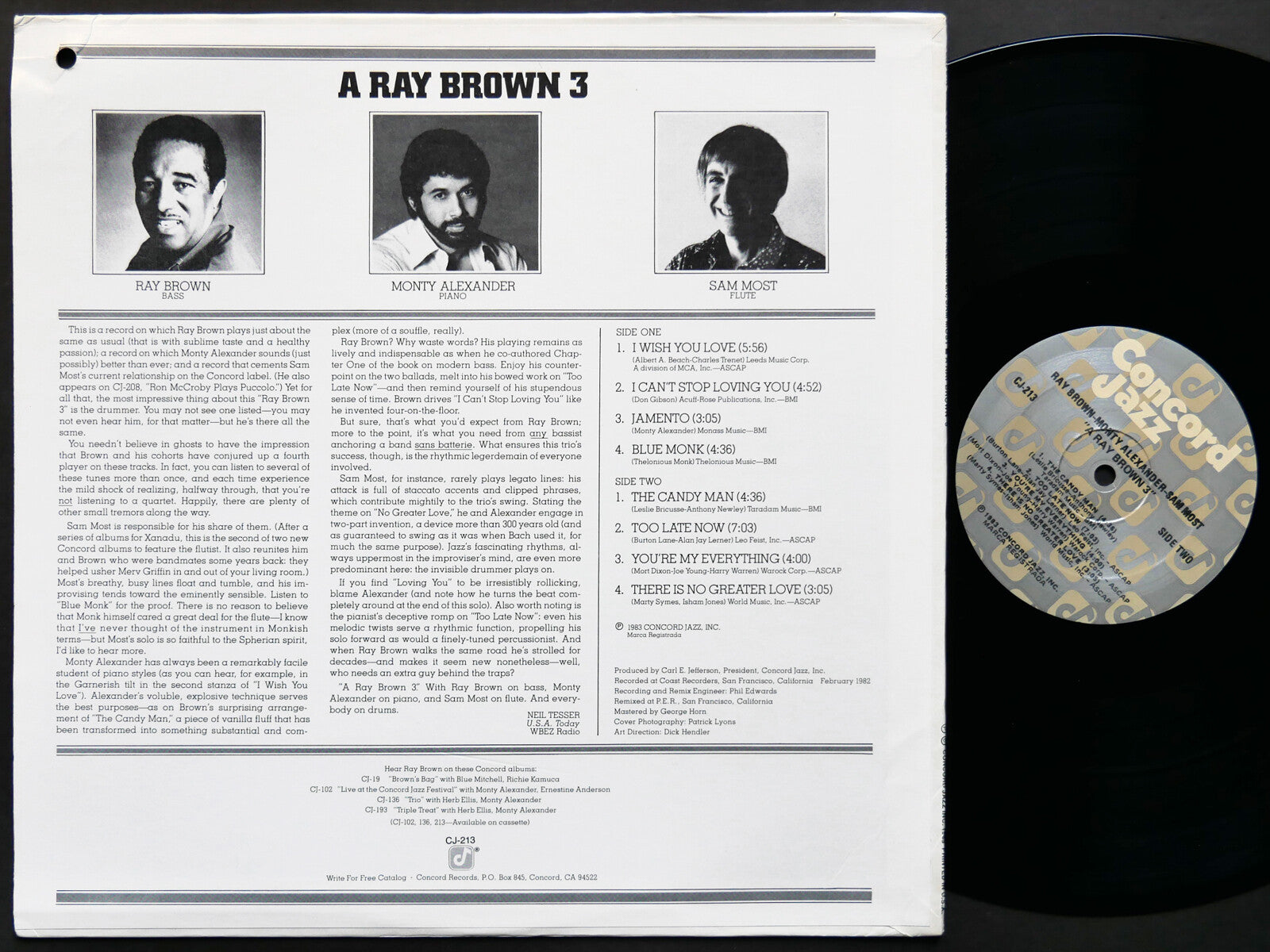 RAY BROWN MONTY ALEXANDER SAM MOST A Ray Brown 3 LP CONCORD RECORDS CJ-213 JAZZ