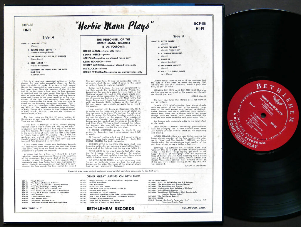 HERBIE MANN Herbie Mann Plays LP BETHLEHEM RECORDS BCP-58 US 1956 JAZZ DG MONO