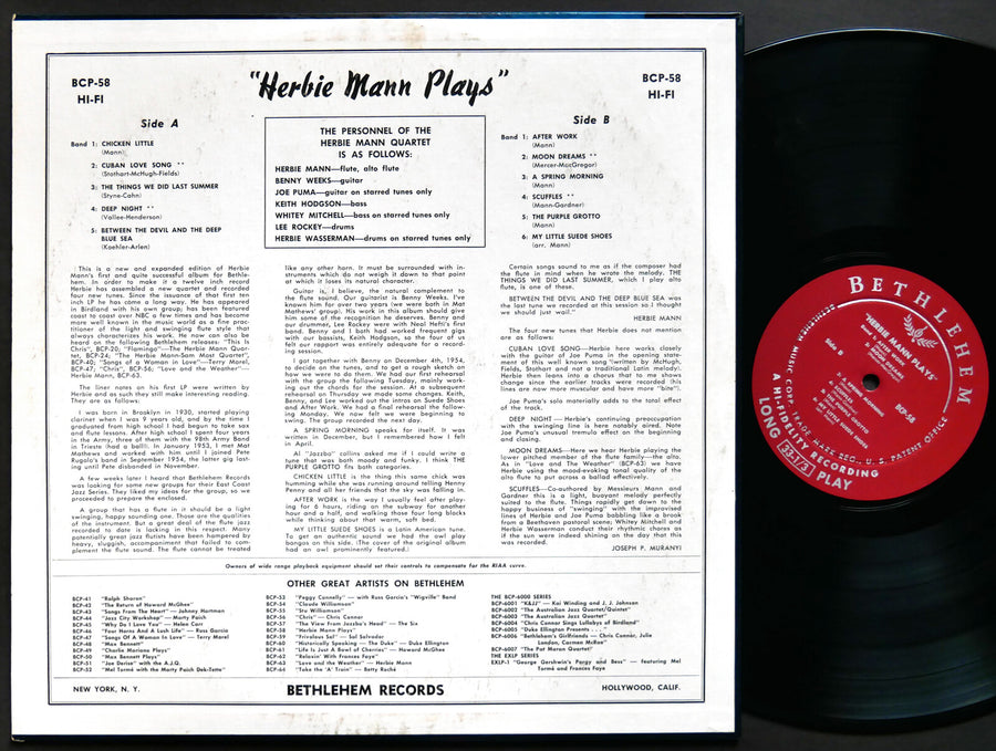 HERBIE MANN Herbie Mann Plays LP BETHLEHEM RECORDS BCP-58 US 1956 JAZZ DG MONO