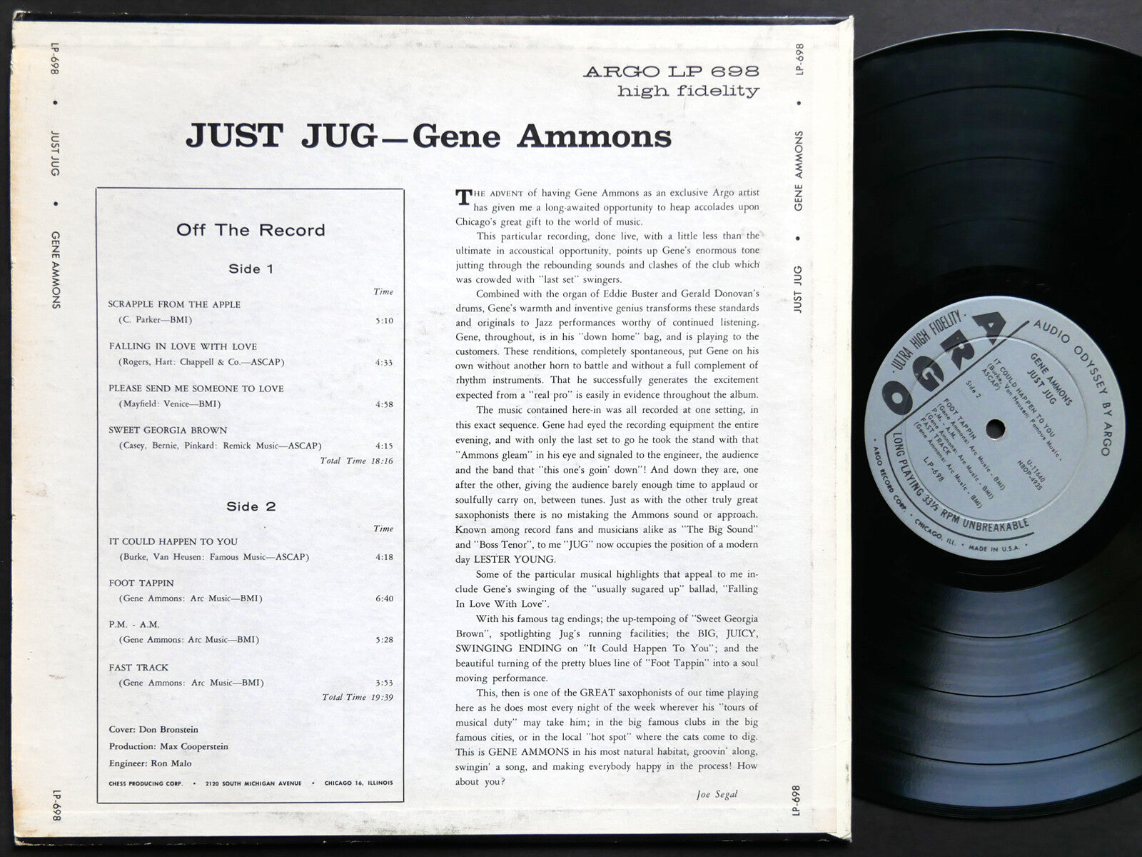 GENE AMMONS Just Jug LP ARGO LP-698 US 1962 DG MONO Gerald Donovan Gene Ammons