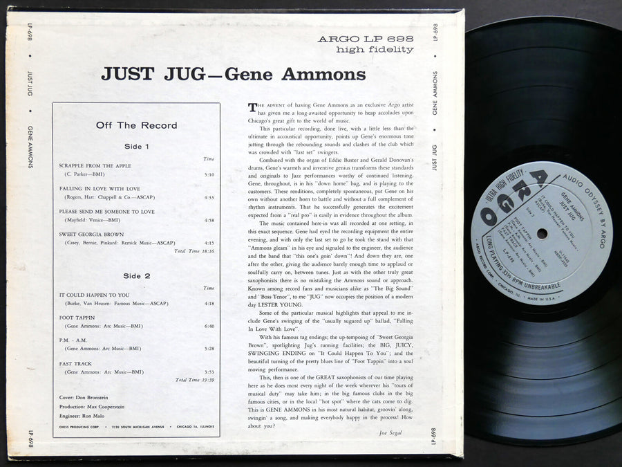 GENE AMMONS Just Jug LP ARGO LP-698 US 1962 DG MONO Gerald Donovan Gene Ammons