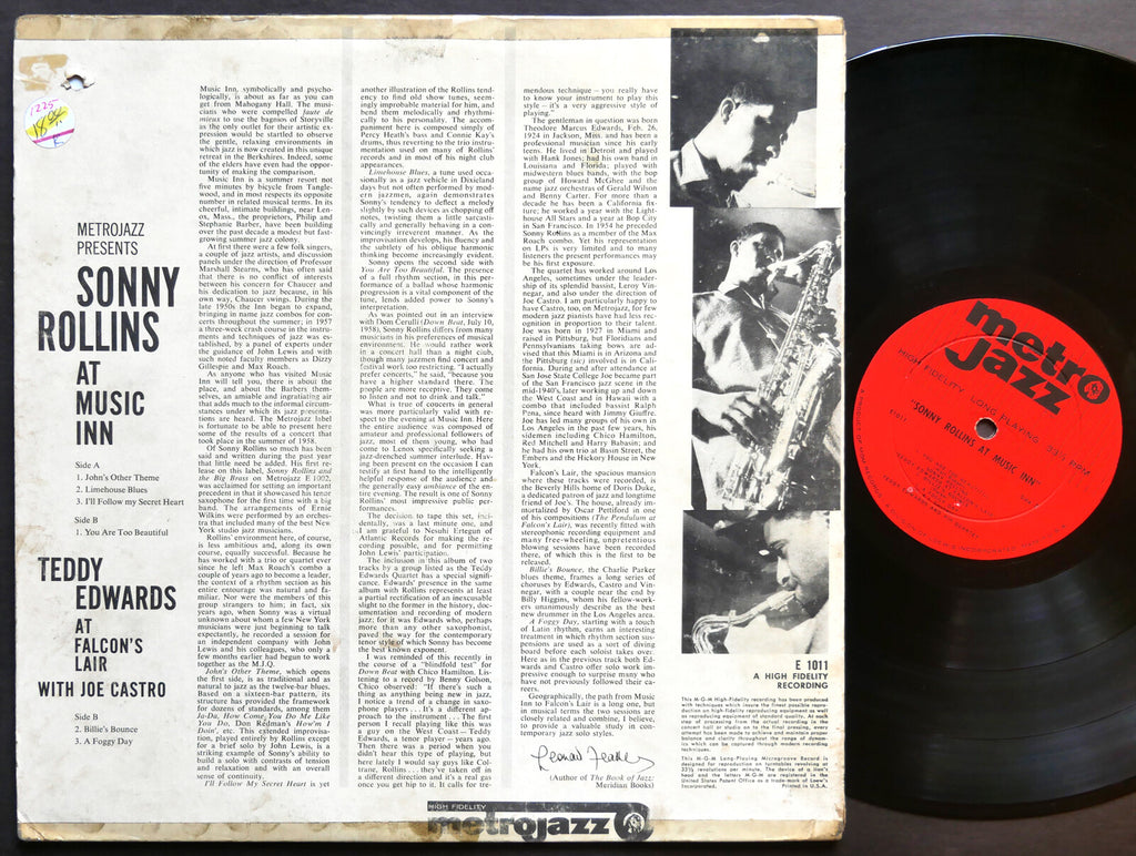 SONNY ROLLINS TEDDY EDWARD JOE CASTRO At Music Inn LP METROJAZZ E1011 DG MONO