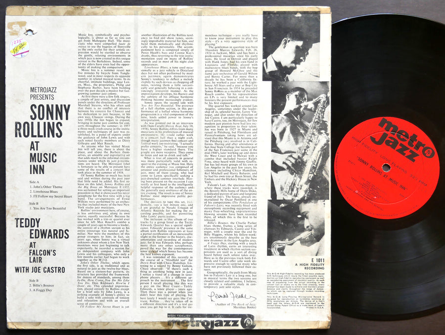 SONNY ROLLINS TEDDY EDWARD JOE CASTRO At Music Inn LP METROJAZZ E1011 DG MONO