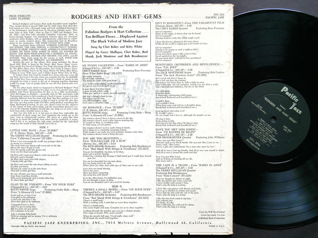 VA CHET BAKER GERRY MULLIGAN Rodgers & Hart LP PACIFIC JAZZ JWC-504 US 1956 MONO
