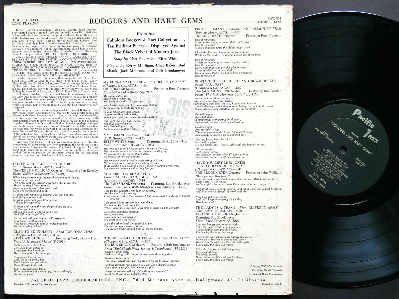 VA CHET BAKER GERRY MULLIGAN Rodgers & Hart LP PACIFIC JAZZ JWC-504 US 1956 MONO