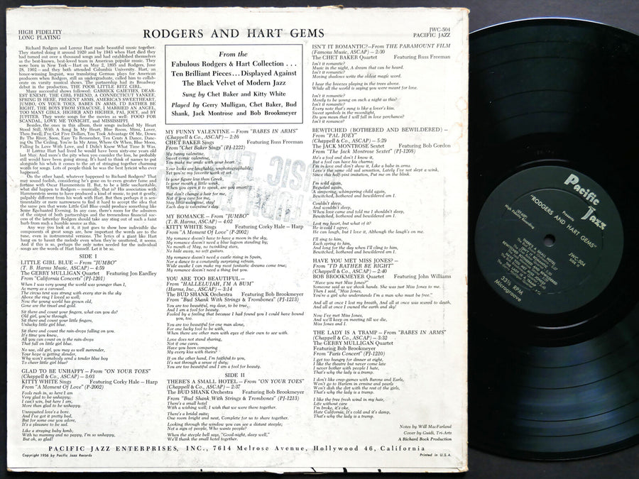VA CHET BAKER GERRY MULLIGAN Rodgers & Hart LP PACIFIC JAZZ JWC-504 US 1956 MONO