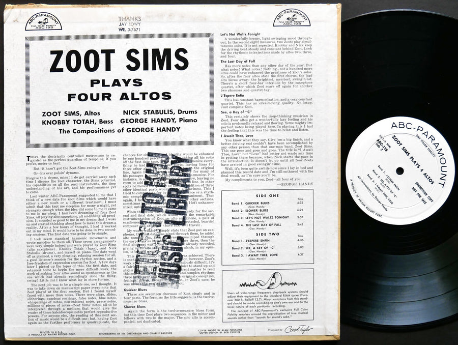 ZOOT SIMS Plays Four Altos LP ABC-Paramount ABC 198 US 1957 Jazz DG MONO PROMO