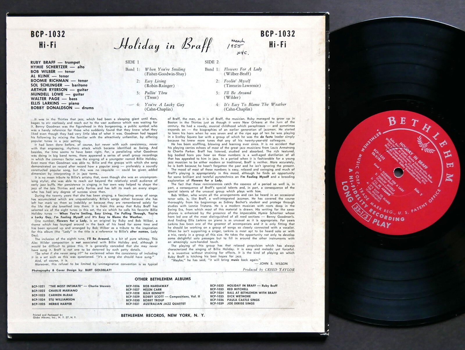 RUBY BRAFF Holiday In Braff 10" LP BETHLEHEM RECORDS BCP 1032 US 1955 DG MONO