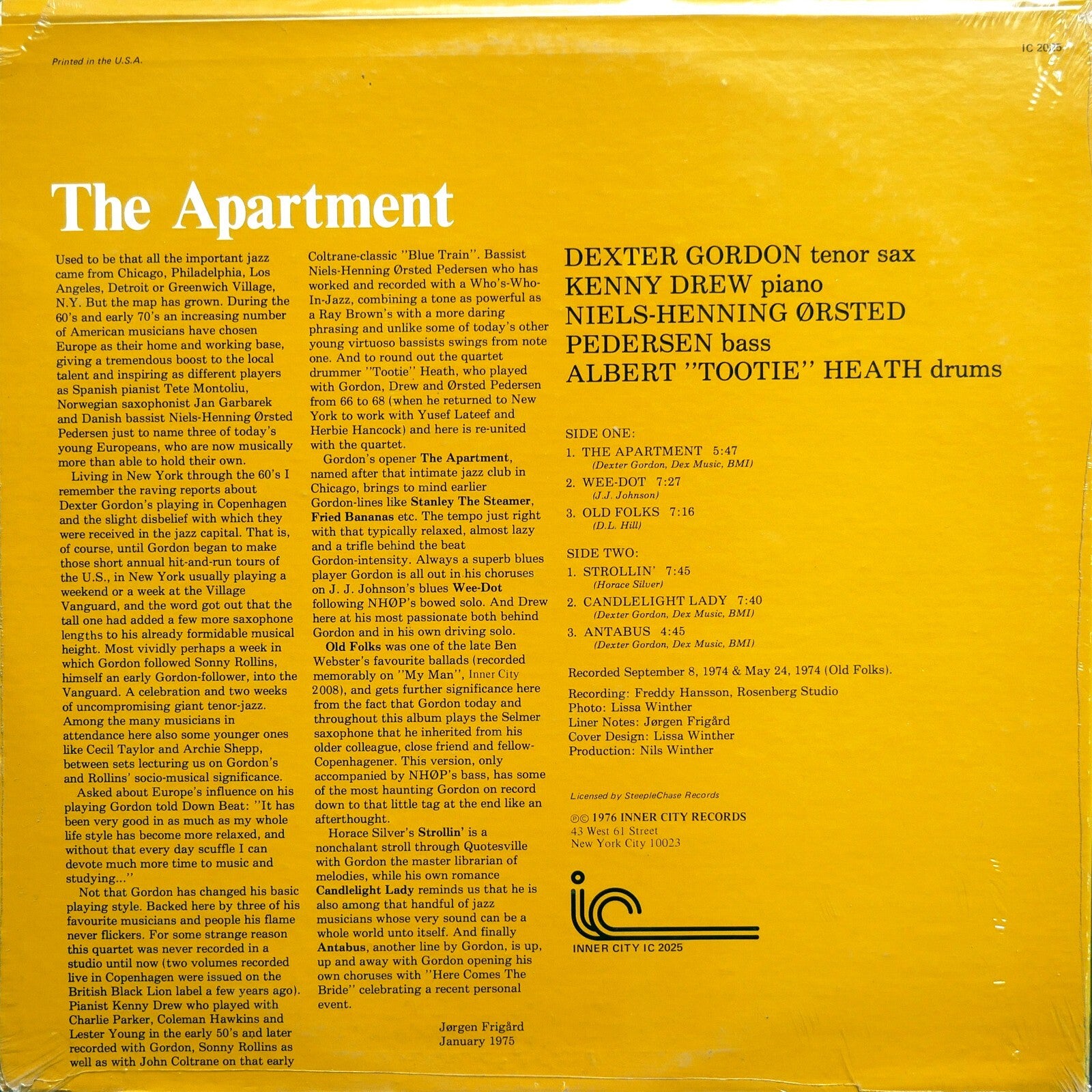 DEXTER GORDON Quartet The Apartment LP INNER CITY RECORDS IC 2025 US 1976 SEALED