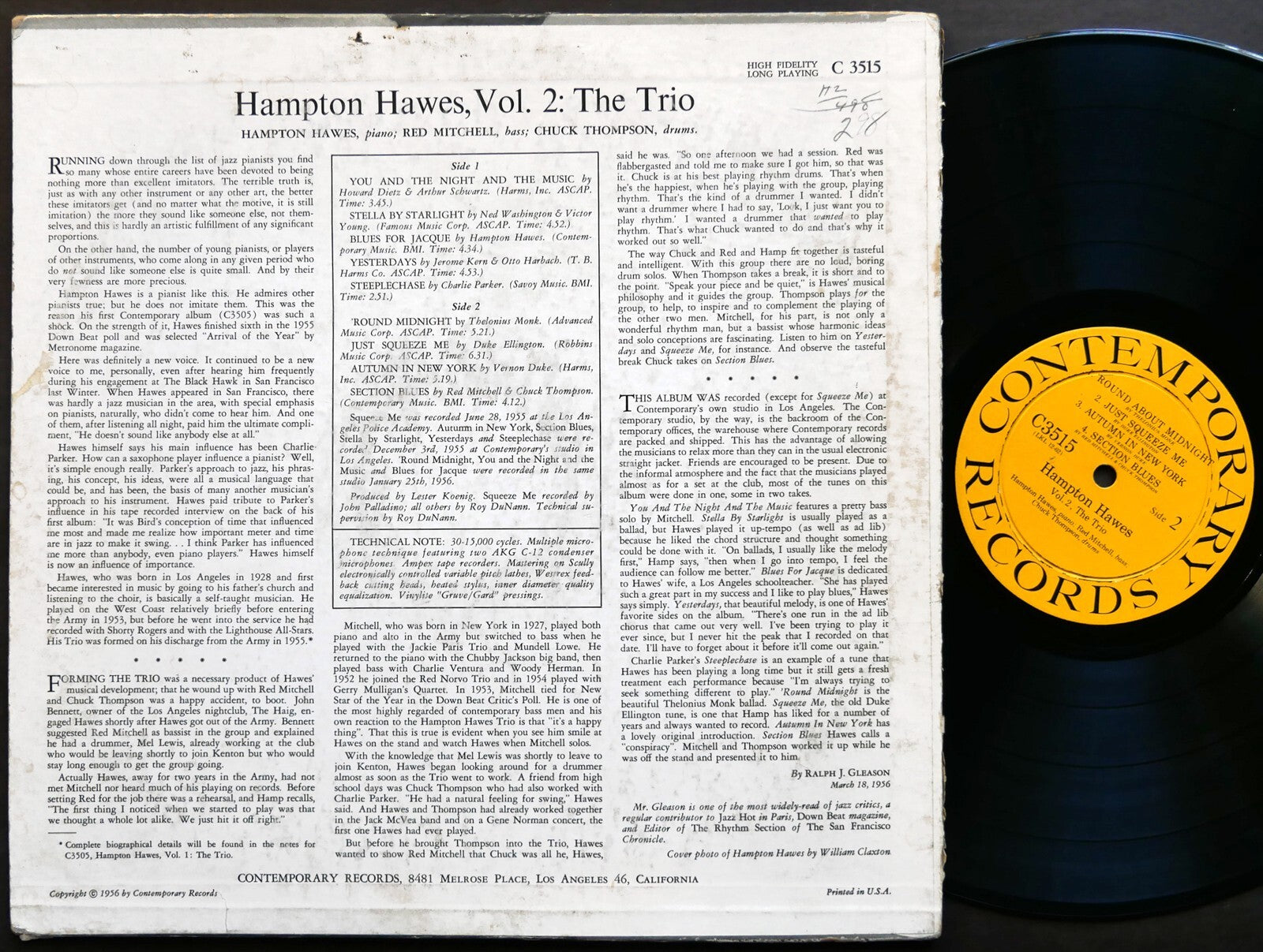 HAMPTON HAWES This Is Vol. 2 The Trio LP CONTEMPORARY C 3515 US '56 JAZZ DG MONO