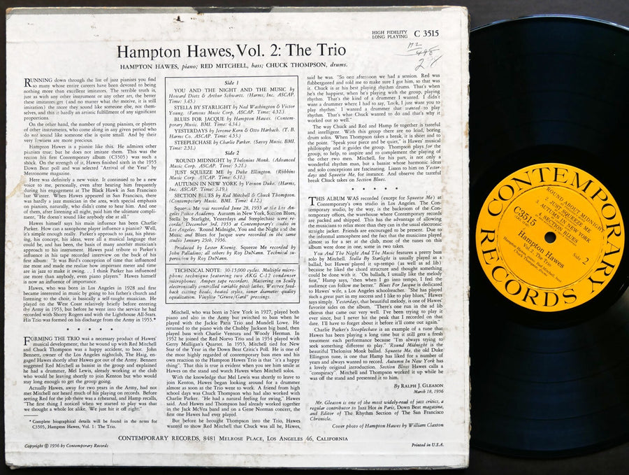 HAMPTON HAWES This Is Vol. 2 The Trio LP CONTEMPORARY C 3515 US '56 JAZZ DG MONO