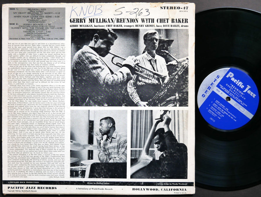 GERRY MULLIGAN Quartet Reunion With Chet Baker LP PACIFIC JAZZ STEREO-47 US 1962